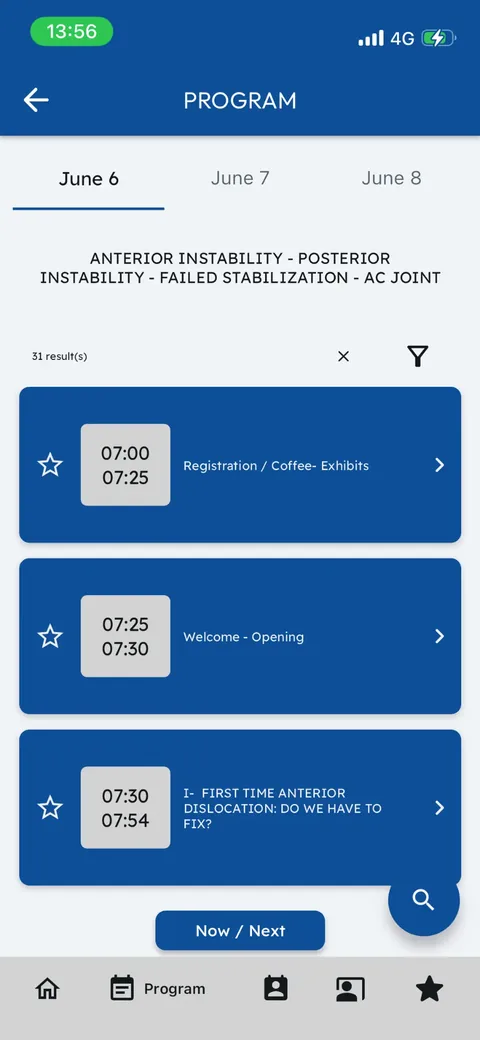 Programme — écran de l'application Pulse Congress
